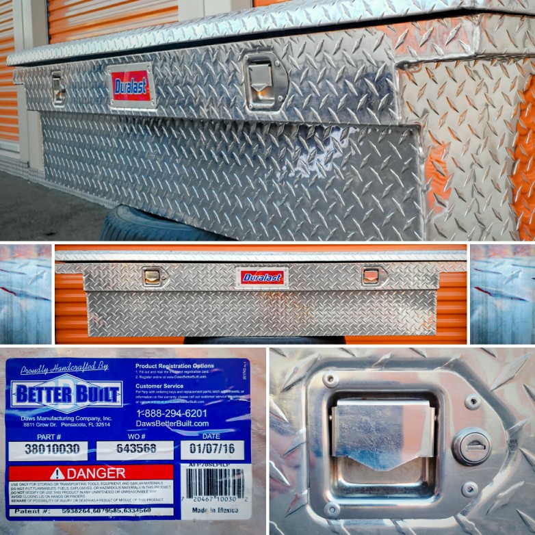Duralast Toolbox for Fullsize Truckbeds
Features:  Diamond Plate, Latches, Key Entry Lock, and a variety of internal storage compartments.